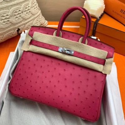 Hermes Rose Red Birkin 25cm Ostrich Handmade Bag TDBS26308