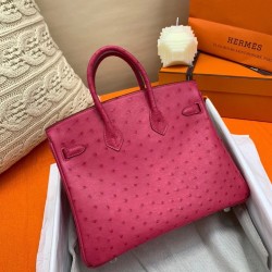 Hermes Rose Red Birkin 25cm Ostrich Handmade Bag TDBS26308