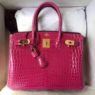 Hermes Rose Red Birkin 30cm Crocodile Niloticus Shiny Bag TDBS26309