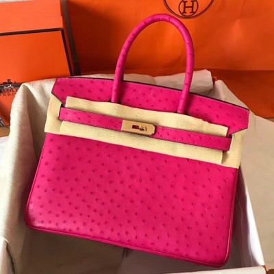 Hermes Rose Red Birkin 30cm Ostrich Handmade Bag TDBS26310