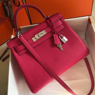 Hermes Rose Red Clemence Kelly 28cm Bag TDBS27291