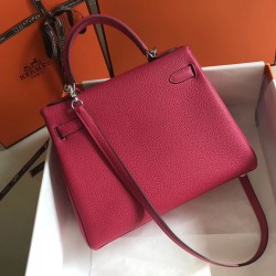 Hermes Rose Red Clemence Kelly 28cm Bag TDBS27291