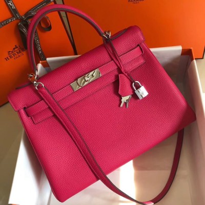 Hermes Rose Red Clemence Kelly 32cm Retourne Bag TDBS27292