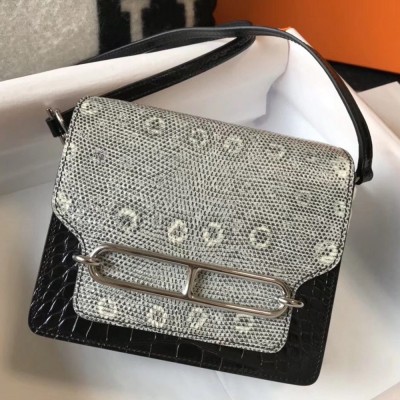 Hermes Roulis Mini Bag In Black Crocodile With Natural Lizard TDBS27631