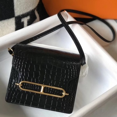 Hermes Roulis Mini Bag In Black Embossed Crocodile Calfskin TDBS27632