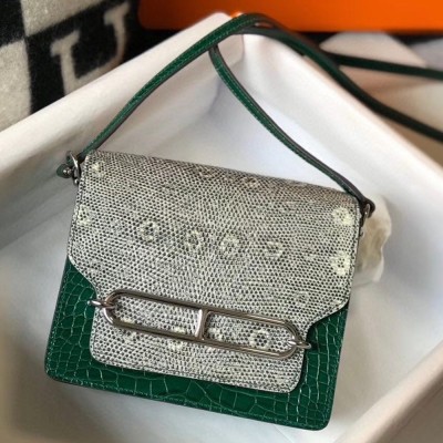 Hermes Roulis Mini Bag In Green Crocodile With Natural Lizard TDBS27633