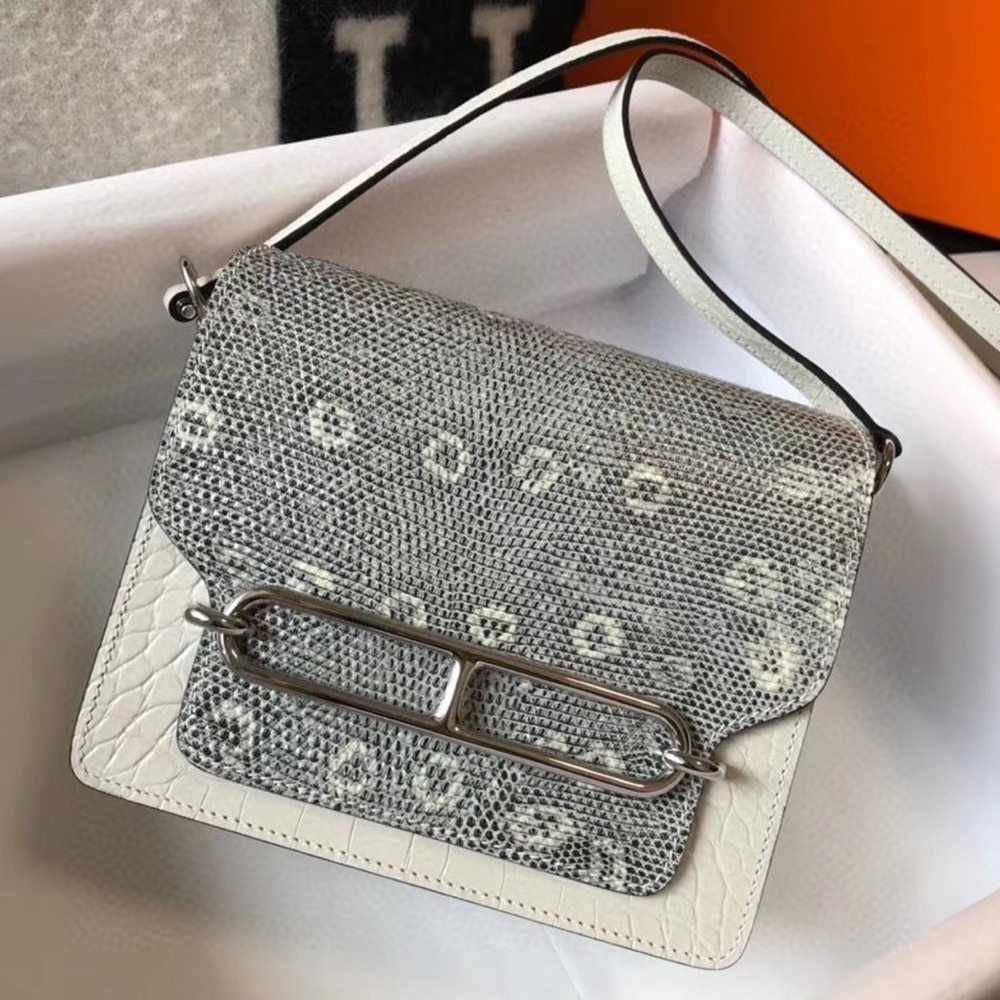 Hermes Roulis Mini Bag In White Crocodile With Natural Lizard TDBS27637