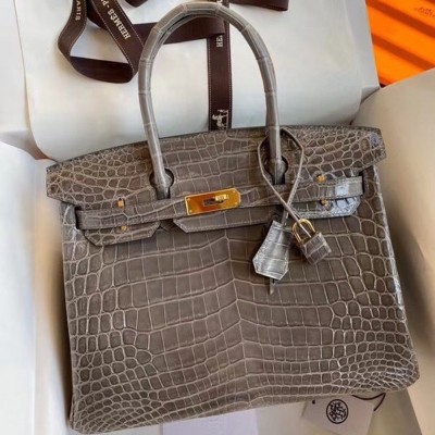 Hermes Taupe Birkin 30cm Shiny Crocodile Niloticus Skin Bag TDBS26324