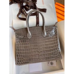 Hermes Taupe Birkin 30cm Shiny Crocodile Niloticus Skin Bag TDBS26324