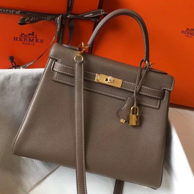 Hermes Taupe Clemence Kelly 28cm Bag TDBS27306