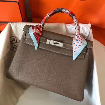 Hermes Taupe Clemence Kelly 28cm Handmade Bag TDBS27307