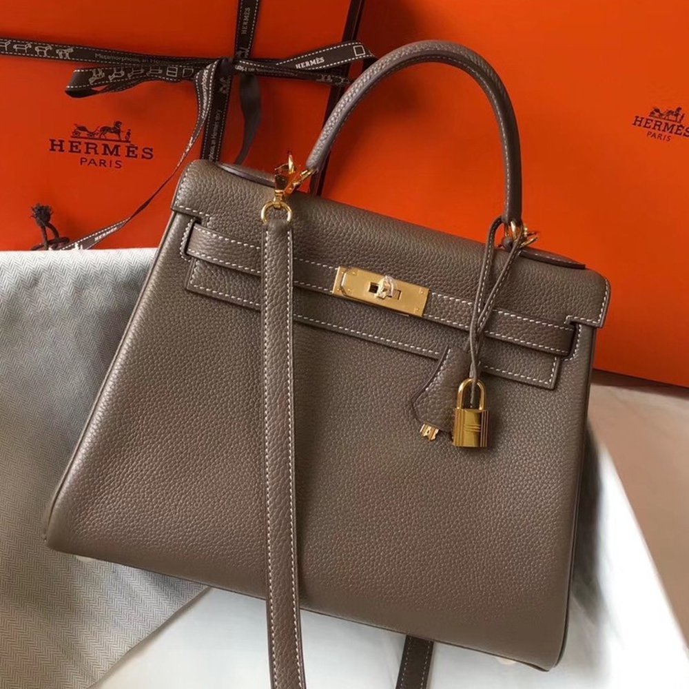 Hermes Taupe Clemence Kelly 32cm Retourne Bag TDBS27308