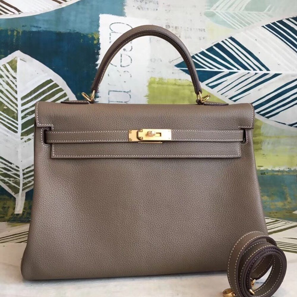 Hermes Taupe Clemence Kelly 35cm Handmade Bag TDBS27309