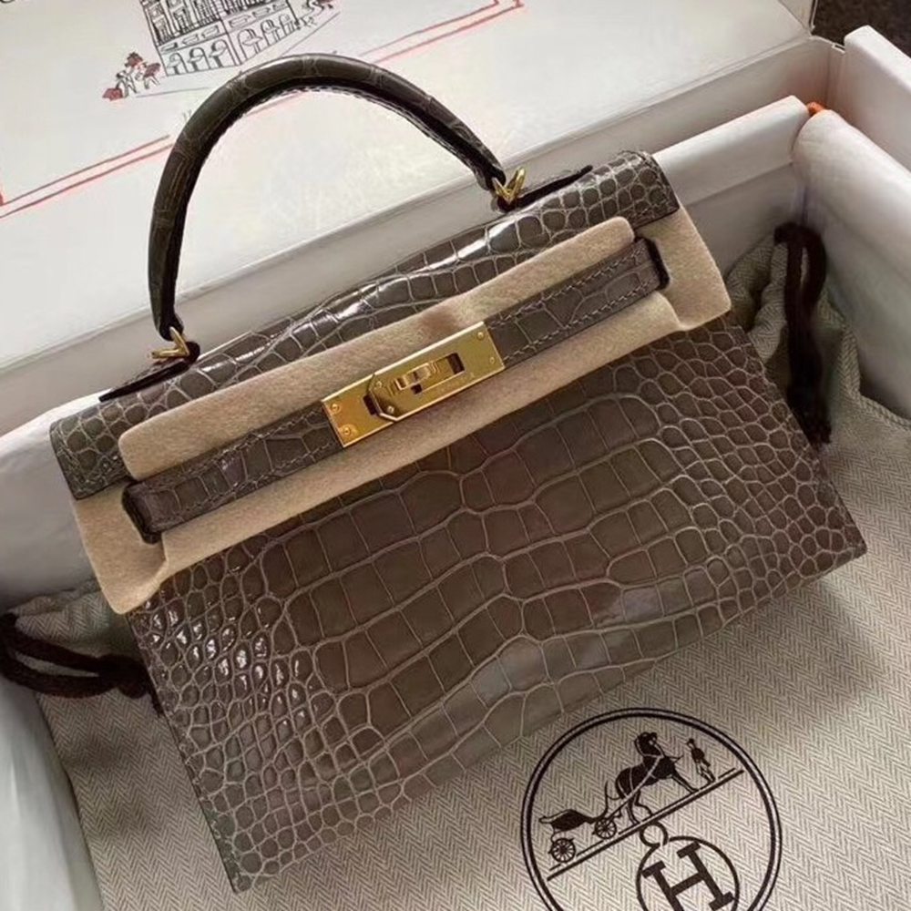 Hermes Taupe Grey Alligator Crocodile Kelly Mini II Handmade Bag TDBS27314