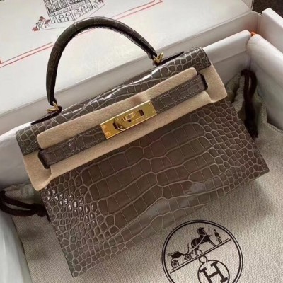 Hermes Taupe Grey Alligator Crocodile Kelly Mini II Handmade Bag TDBS27314