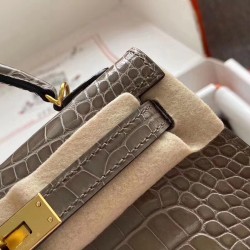 Hermes Taupe Grey Alligator Crocodile Kelly Mini II Handmade Bag TDBS27314