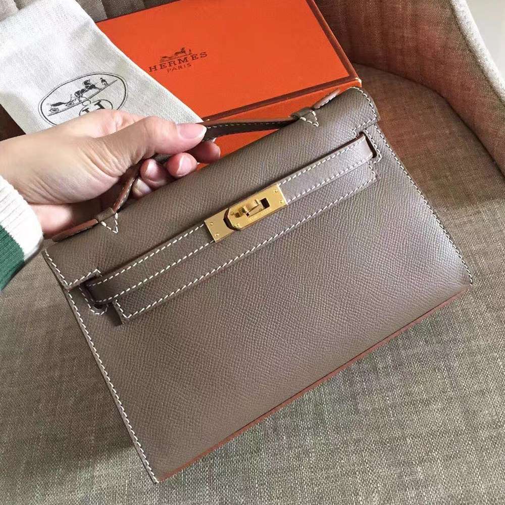 Hermes Taupe Kelly Pochette Epsom Handmade Bag TDBS27315