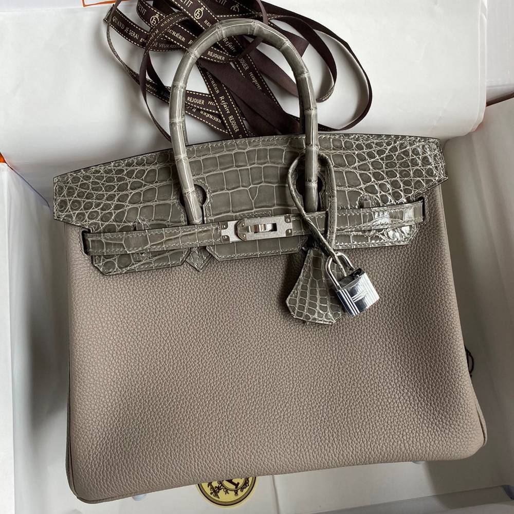 Hermes Touch Birkin 25 Bag In Gris Asphalt Shiny Niloticus Crocodile Skin TDBS26329