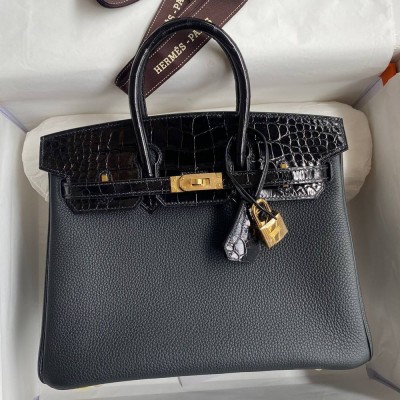 Hermes Touch Birkin 25 Bag in Black Togo and Shiny Alligator Leather TDBS26328