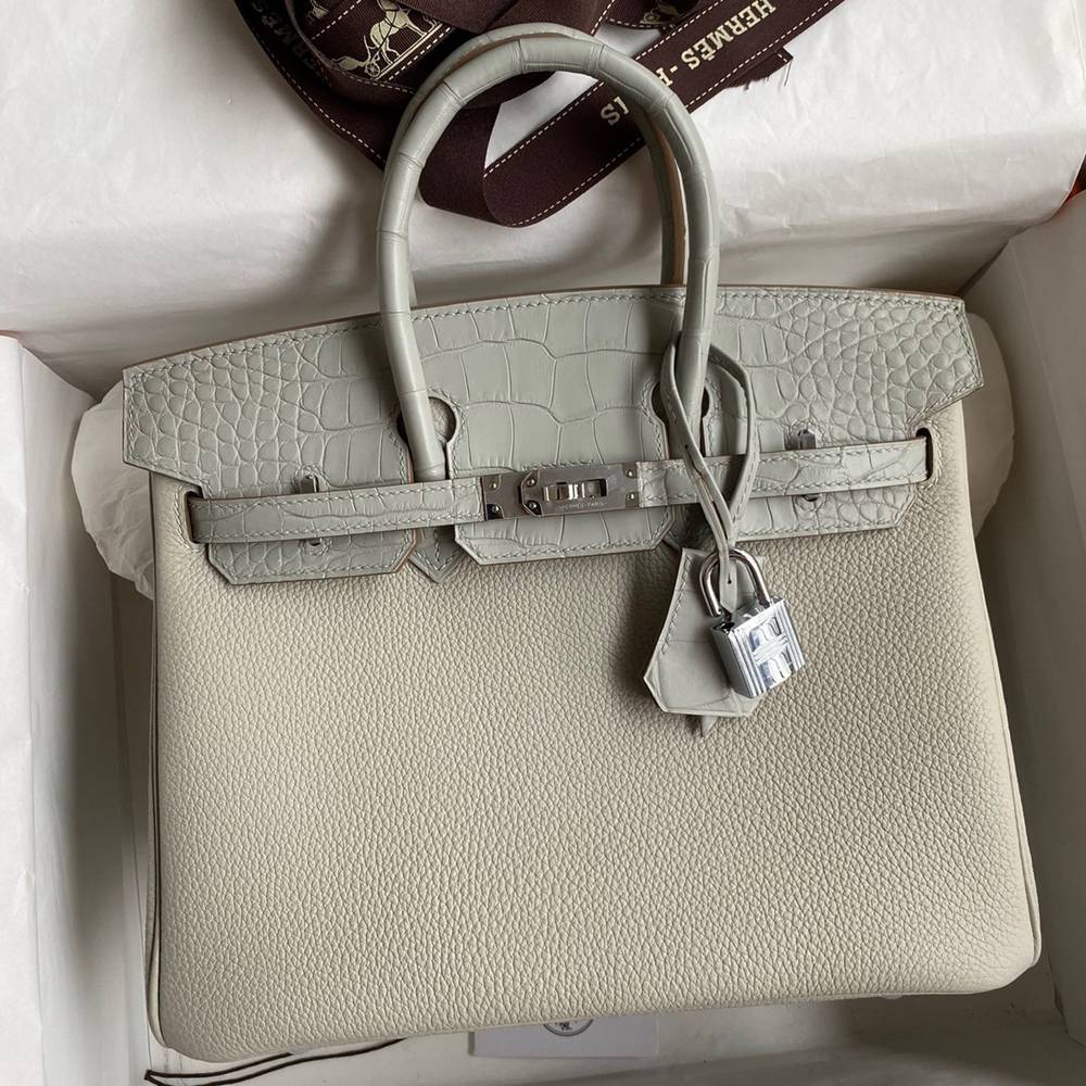 Hermes Touch Birkin 25 Bag in Pearl Grey Togo and Matte Alligator Leather  TDBS26330