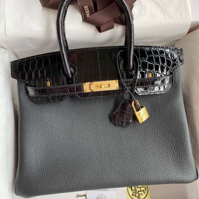 Hermes Touch Birkin 30 Bag In Black Clemence and Shiny Niloticus Crocodile Skin  TDBS26337