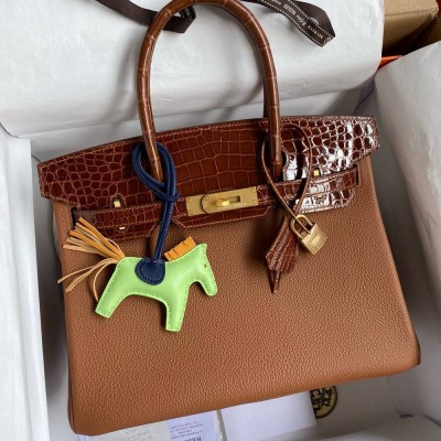 Hermes Touch Birkin 30 Bag In Gold Clemence and Shiny Niloticus Crocodile Skin  TDBS26339