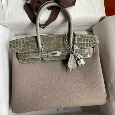 Hermes Touch Birkin 30 Bag In Gris Asphalt Clemence and Shiny Niloticus Crocodile Skin TDBS26341