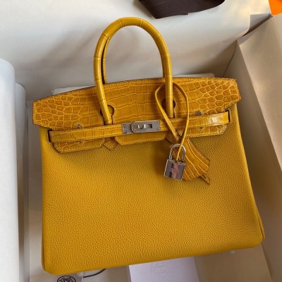 Hermes Touch Birkin 30 Bag In Yellow Clemence and Shiny Niloticus Crocodile Skin  TDBS26343