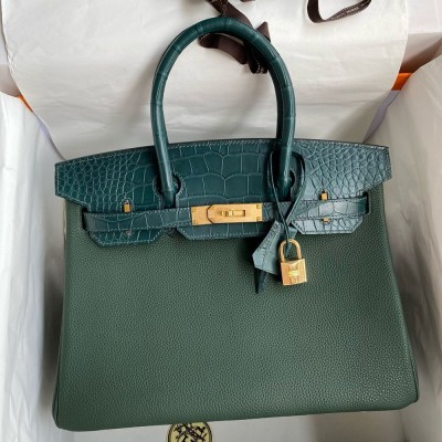 Hermes Touch Birkin 30 Bag in Green Clemence and Matte Alligator Leather  TDBS26340