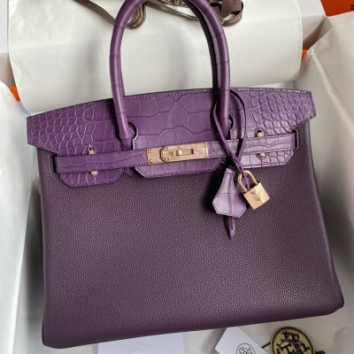 Hermes Touch Birkin 30 Bag in Raisin Clemence and Matte Alligator Leather TDBS26342