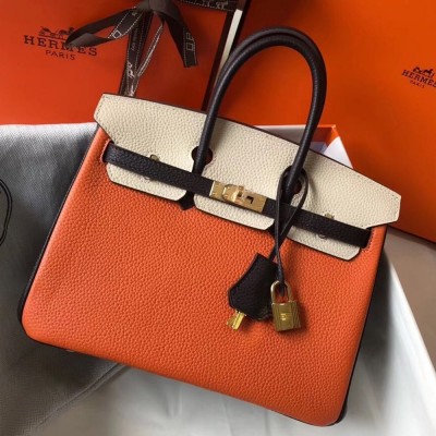 Hermes Tri-Color Birkin 25cm Bag In Orange/White/Black Clemence Leather TDBS26352