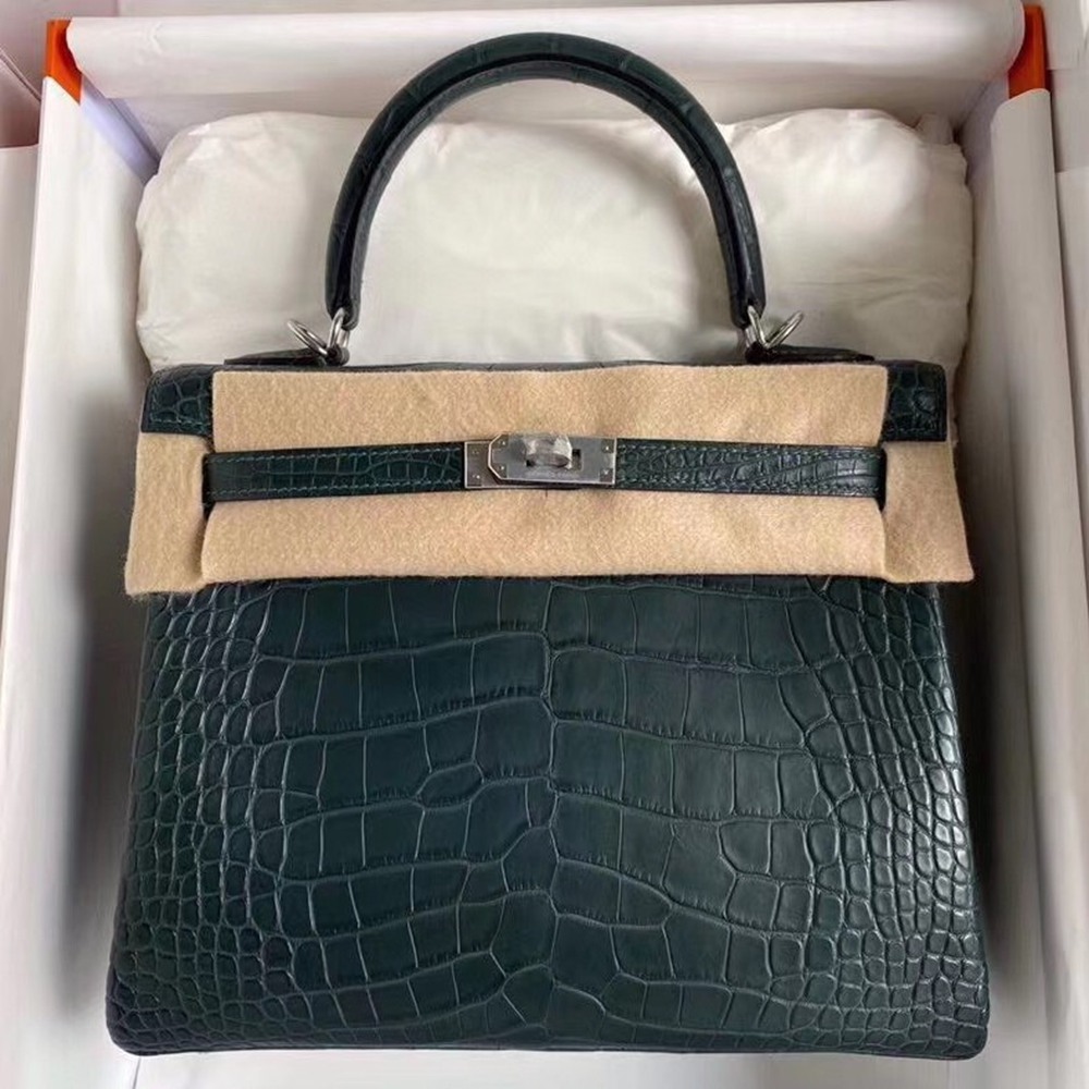 Hermes Vert Cypres Kelly 28cm Matte Alligator Crocodile Skin Bag TDBS27329