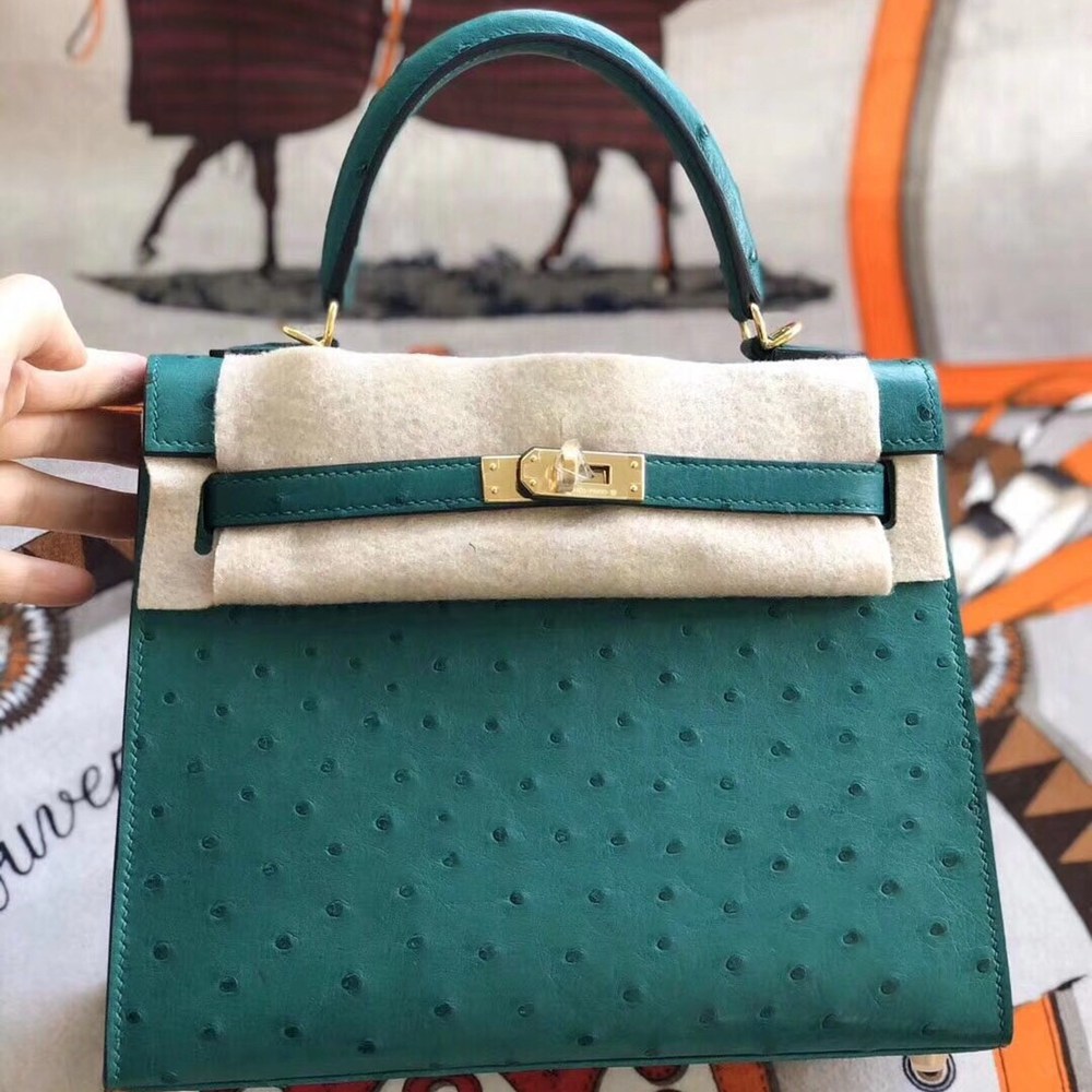 Hermes Vert Vertigo Ostrich Kelly 25cm Handmade Bag TDBS27330