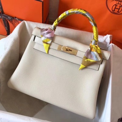 Hermes White Clemence Kelly 28cm Handmade Bag TDBS27331