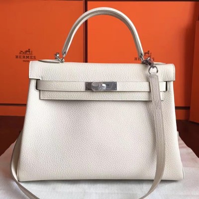 Hermes White Clemence Kelly Retourne 32cm Handmade Bag TDBS27332