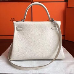 Hermes White Clemence Kelly Retourne 32cm Handmade Bag TDBS27332