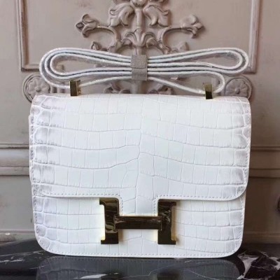 Hermes White Constance MM 24cm Crocodile Bag TDBS26572