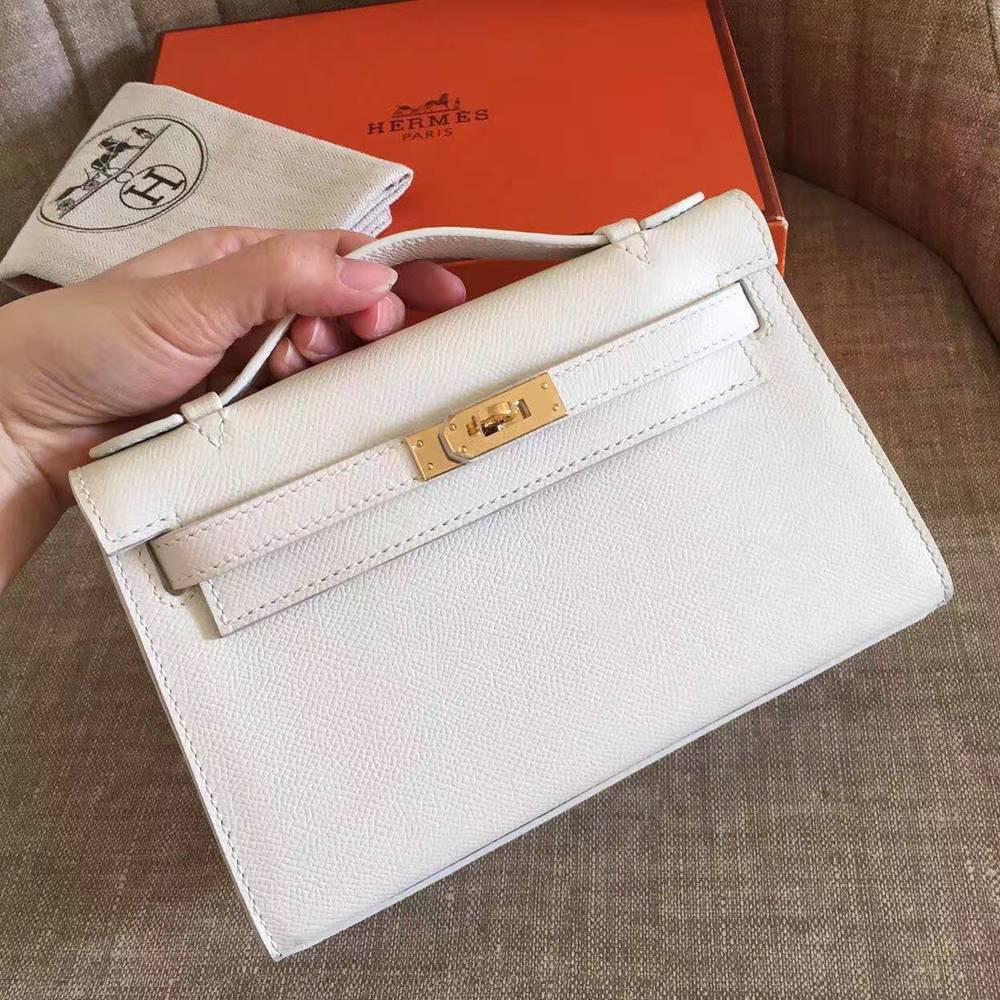 Hermes White Kelly Pochette Epsom Handmade Bag TDBS27336