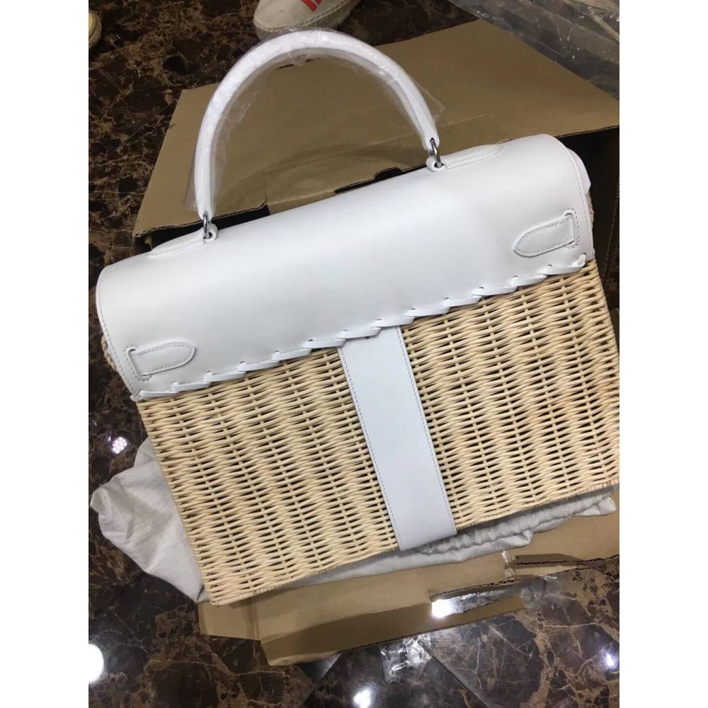 Hermes White Picnic Kelly 35cm Wicker Bag TDBS27337