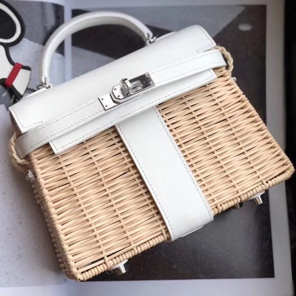 Hermes White Picnic Kelly Mini 20cm Wicker Bag TDBS27338