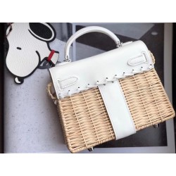 Hermes White Picnic Kelly Mini 20cm Wicker Bag TDBS27338