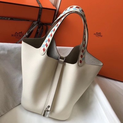 Hermes White Picotin Lock 22 Bag With Braided Handles TDBS27578