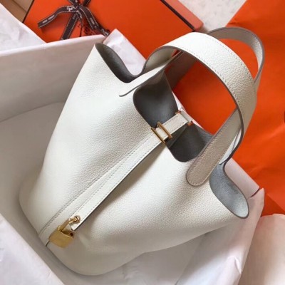 Hermes White Picotin Lock MM 22cm Handmade Bag TDBS27579