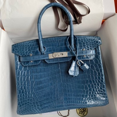 Hermes Birkin 30 Handmade Bag In Blue Tempete Crocodile Niloticus Shiny Skin