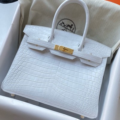 Hermes Birkin 30 Handmade Bag In White Crocodile Niloticus Matte Skin