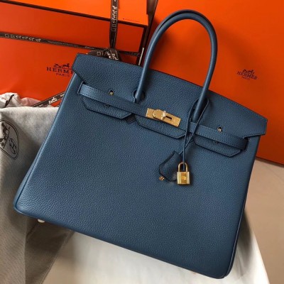 Hermes Birkin 35 Bag in Blue Agate Clemence Leather with GHW