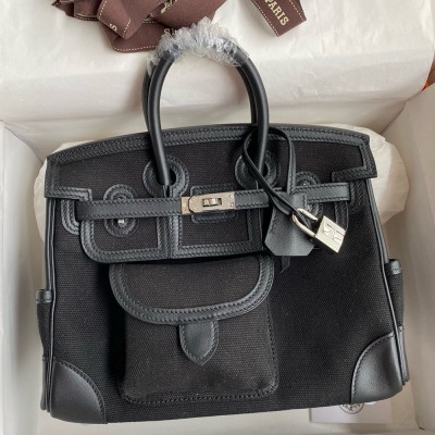 Hermes Birkin Cargo 25 Bag in Black Toile and Swift Leather