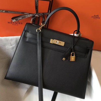 Hermes Black Epsom Kelly 32cm Sellier Bag