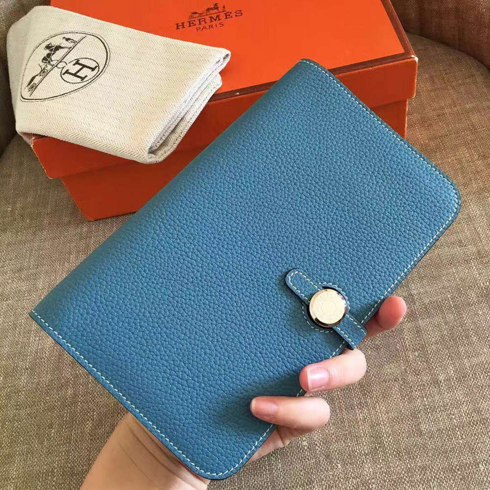 Hermes Dogon Duo Wallet in Blue Jean Clemence Leather