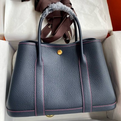 Hermes Garden Party 30 Handmade Bag in Blue Nuit Clemence Leather